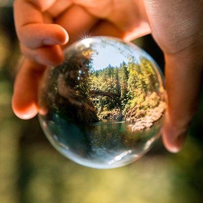 A hand holding a glass ball with the reflection of a natural scene